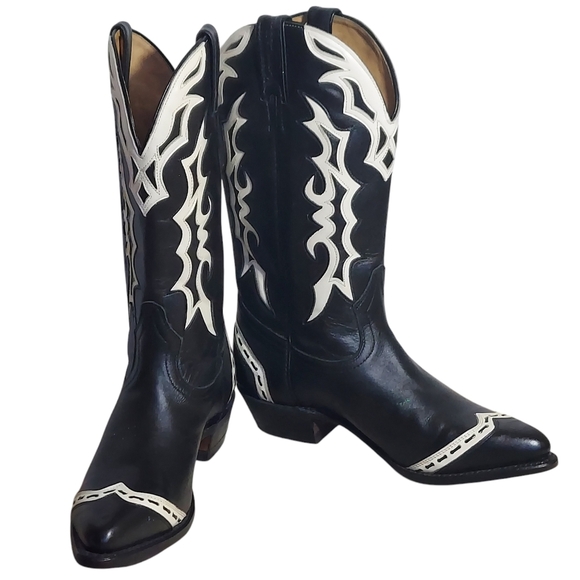 Boulet Black White Leather Glitter Overlays Pointed Toe Western Boots Women's - Picture 6 of 16